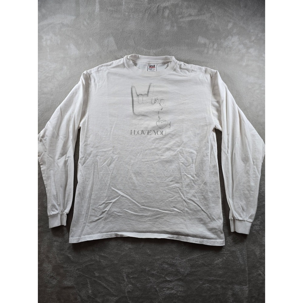 Anvil Graphic Long Sleeve Shirt Men XL White I Love You ASL Hand Heart USA Made